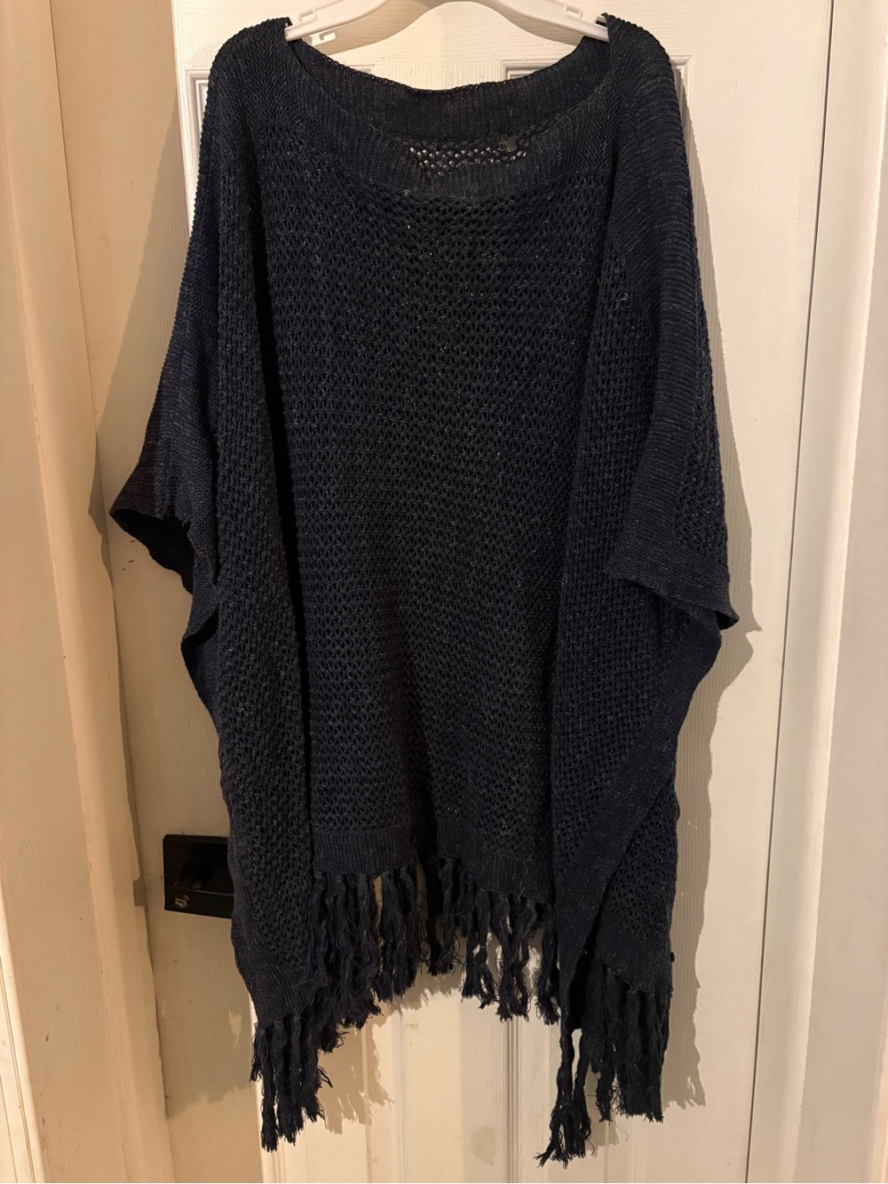 Women's Ralph Lauren Crochet Navy Fringe Knit Sweater Poncho